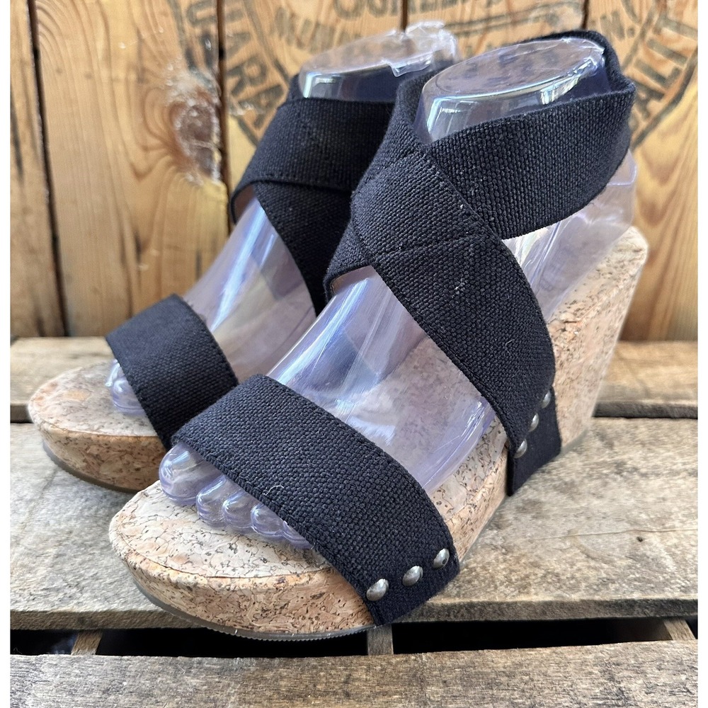 Lucky Brand Wedge Sandals Cork Heels Black Shoes Elastic Back Size 7.5